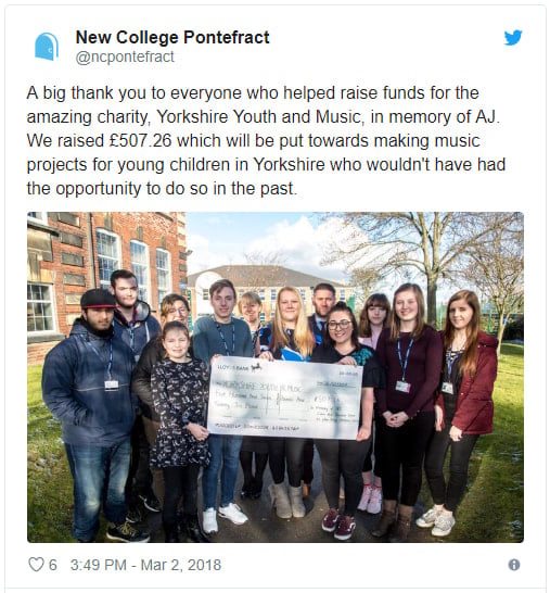 A picture of a tweet sent out by Pontefract College featuring a photo of students and the money they raised for YYM on behalf of a fellow student, AJ
