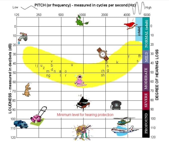 Speech banana graph showing different frequencies of familiar animals or objects and the range of human hearing (and hearing loss)